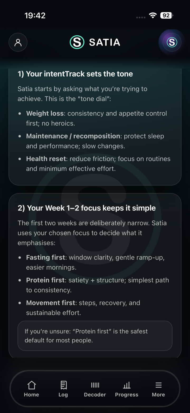 Satia app screen showing today's plan and progress.